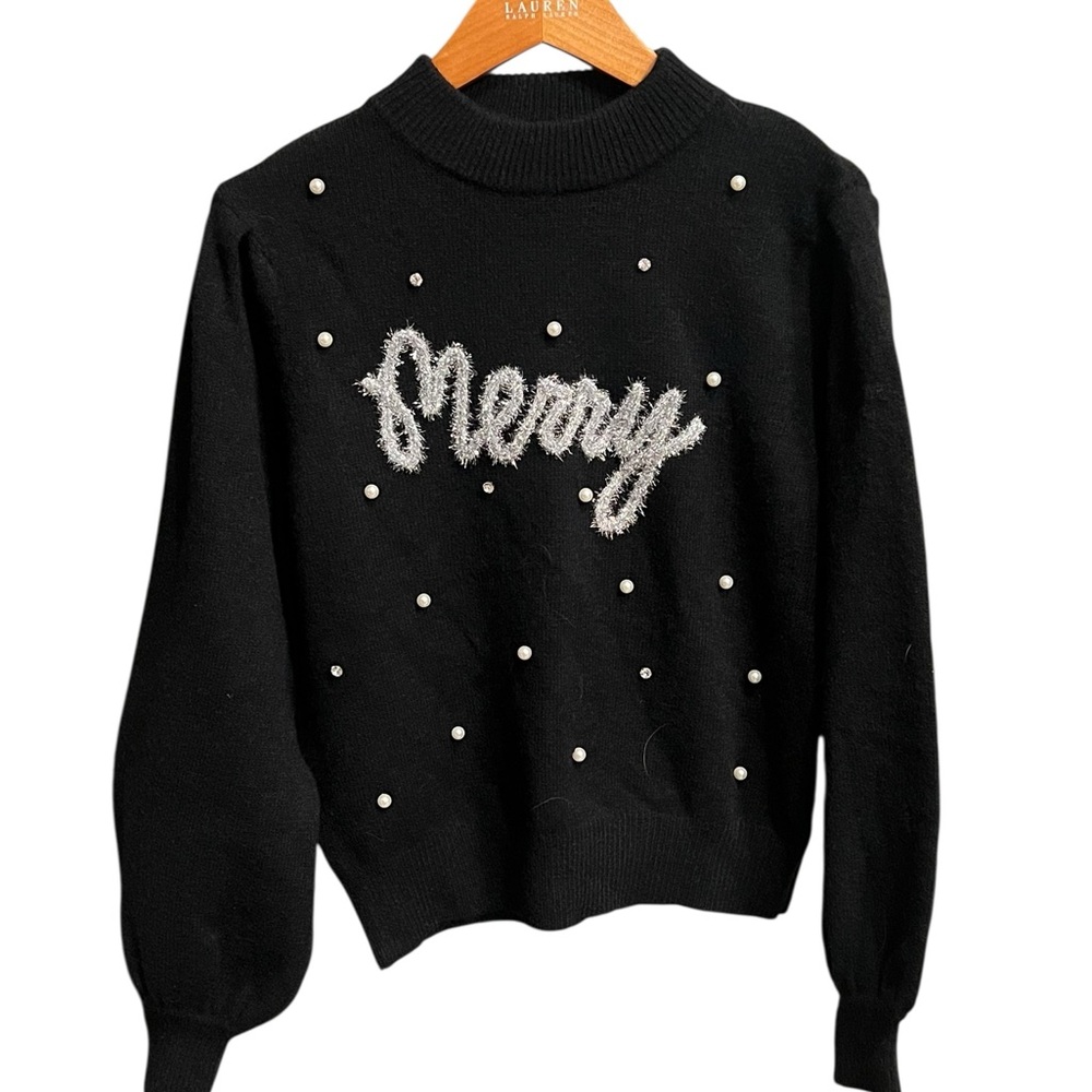Merry Black Sweater with Pearl Accents Festive